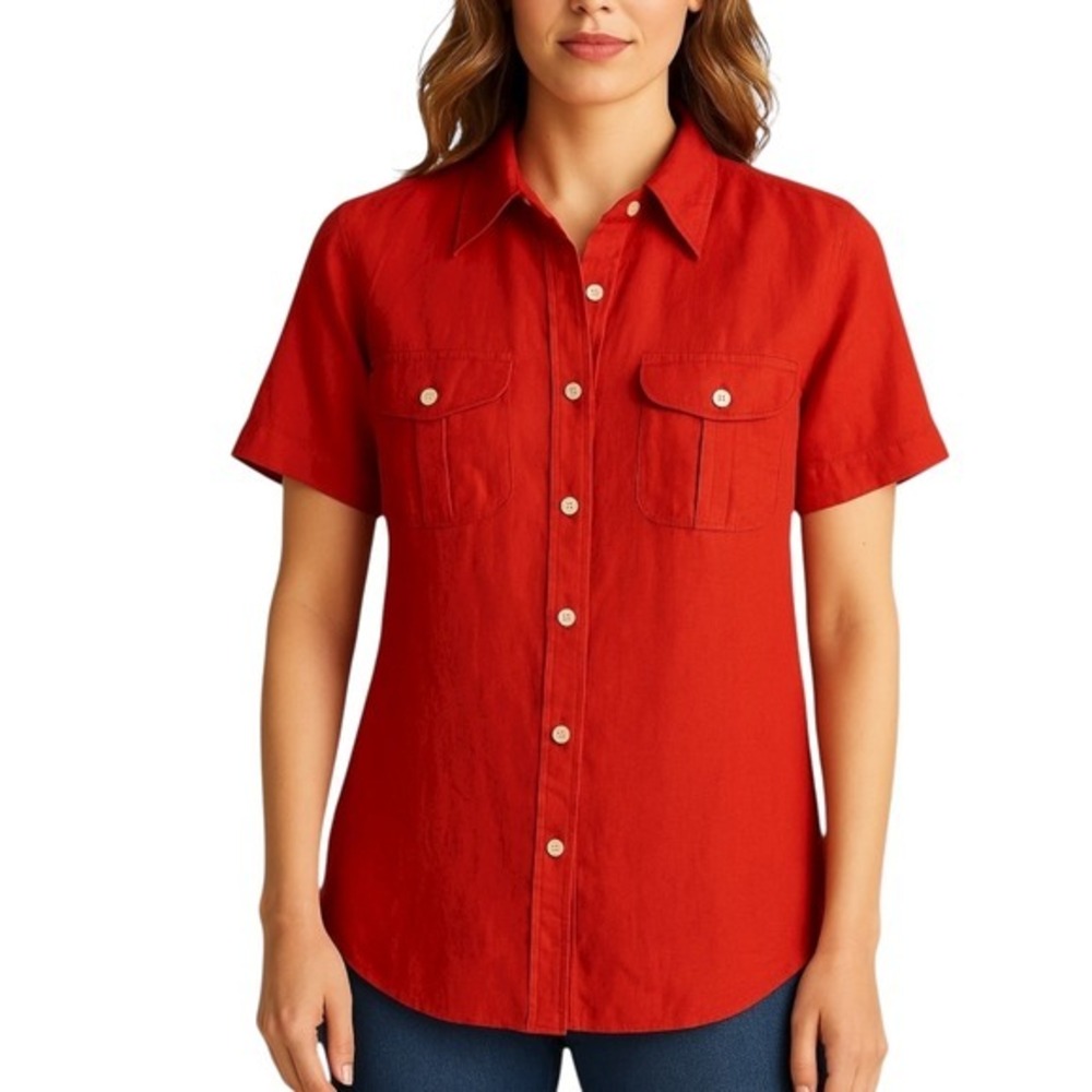 Lauren Ralph Lauren Women's Linen Button Down Shirt Orange sz L Monogram Coastal